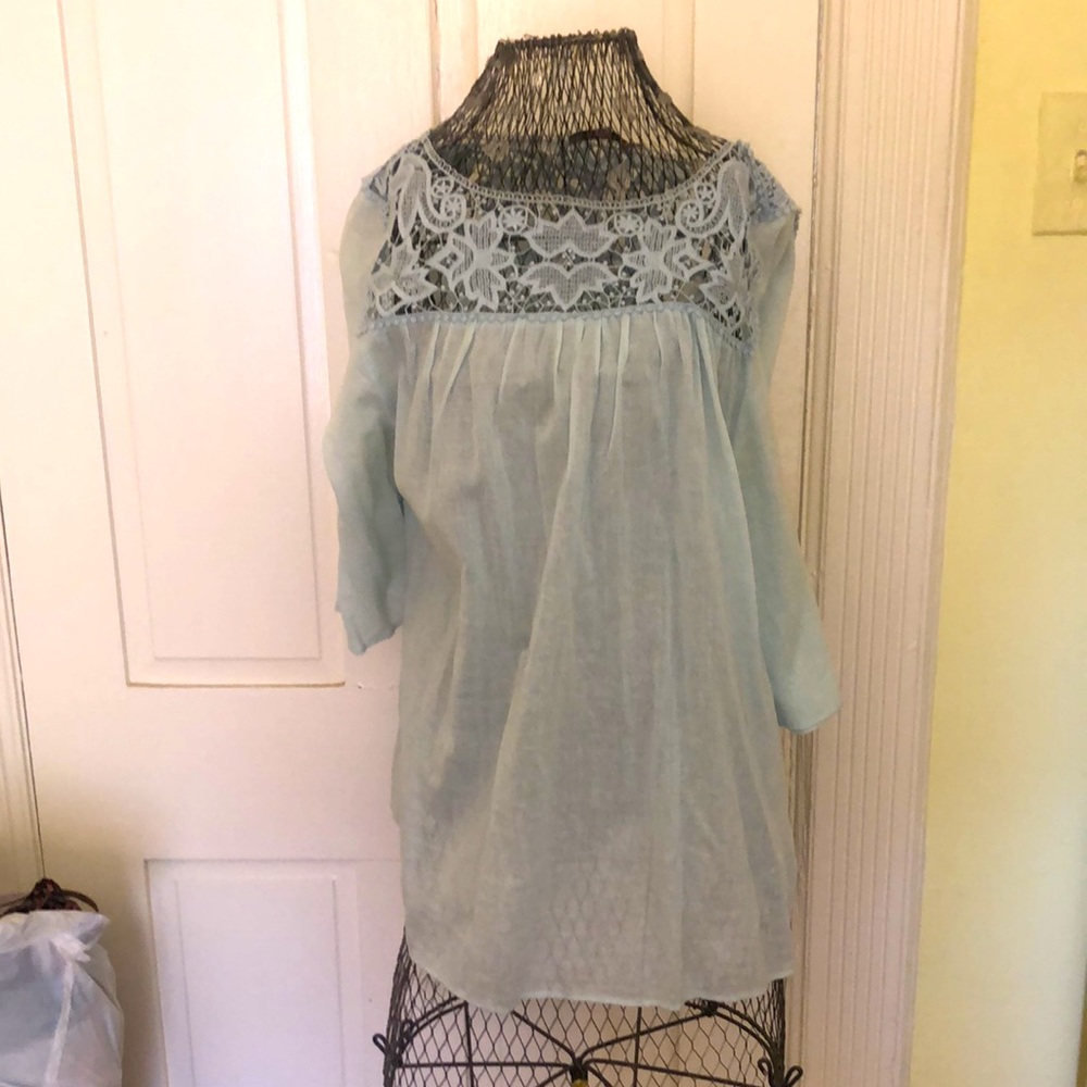 Calypso St Barth Light Blue Cotton Blouse with Lace